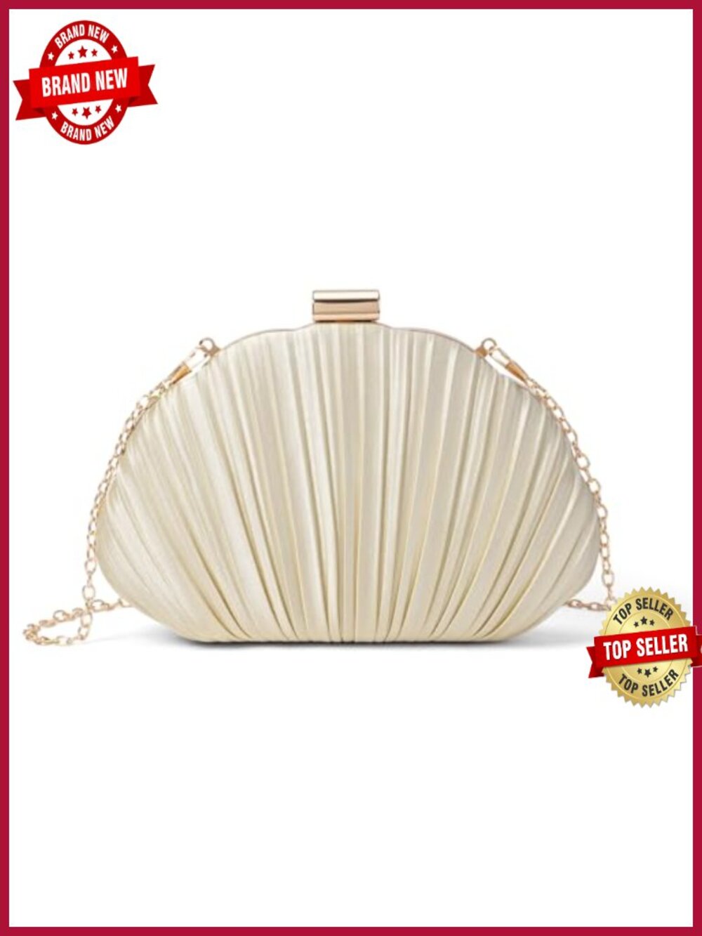 Pleated Satin Seashell Evening Clutch Purse with Chain Handbag Shoulder Bag